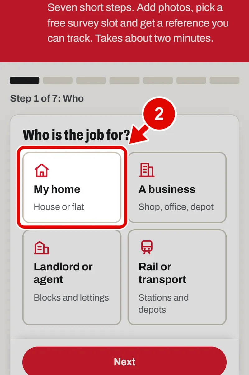 Screen grab from Book a survey, on a phone. A red box marks the part to use.