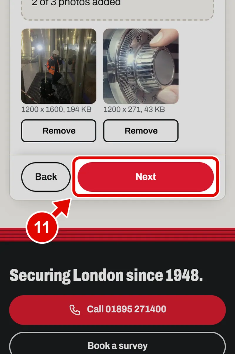 Screen grab from Book a survey, on a phone. A red box marks the part to use.