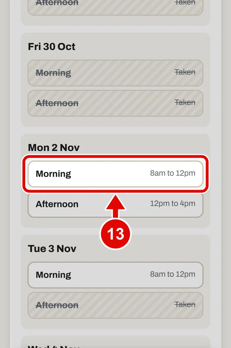 Screen grab from Book a survey, on a phone. A red box marks the part to use.