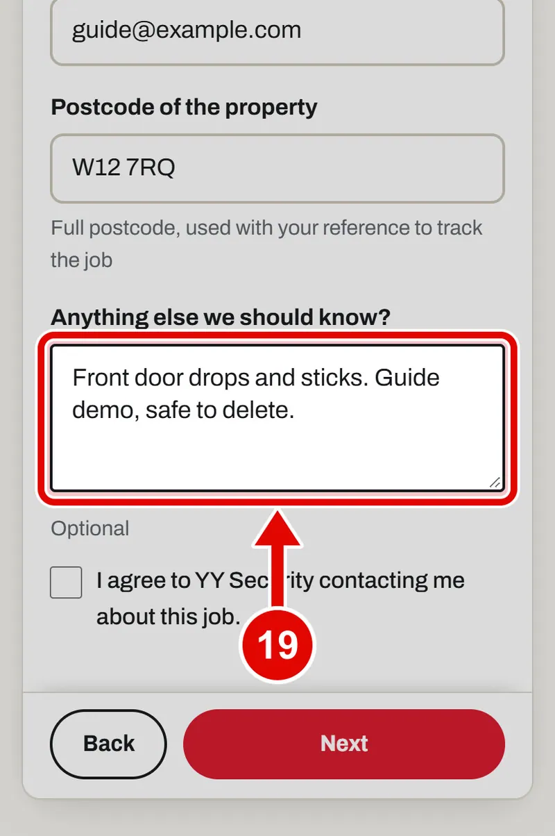 Screen grab from Book a survey, on a phone. A red box marks the part to use.
