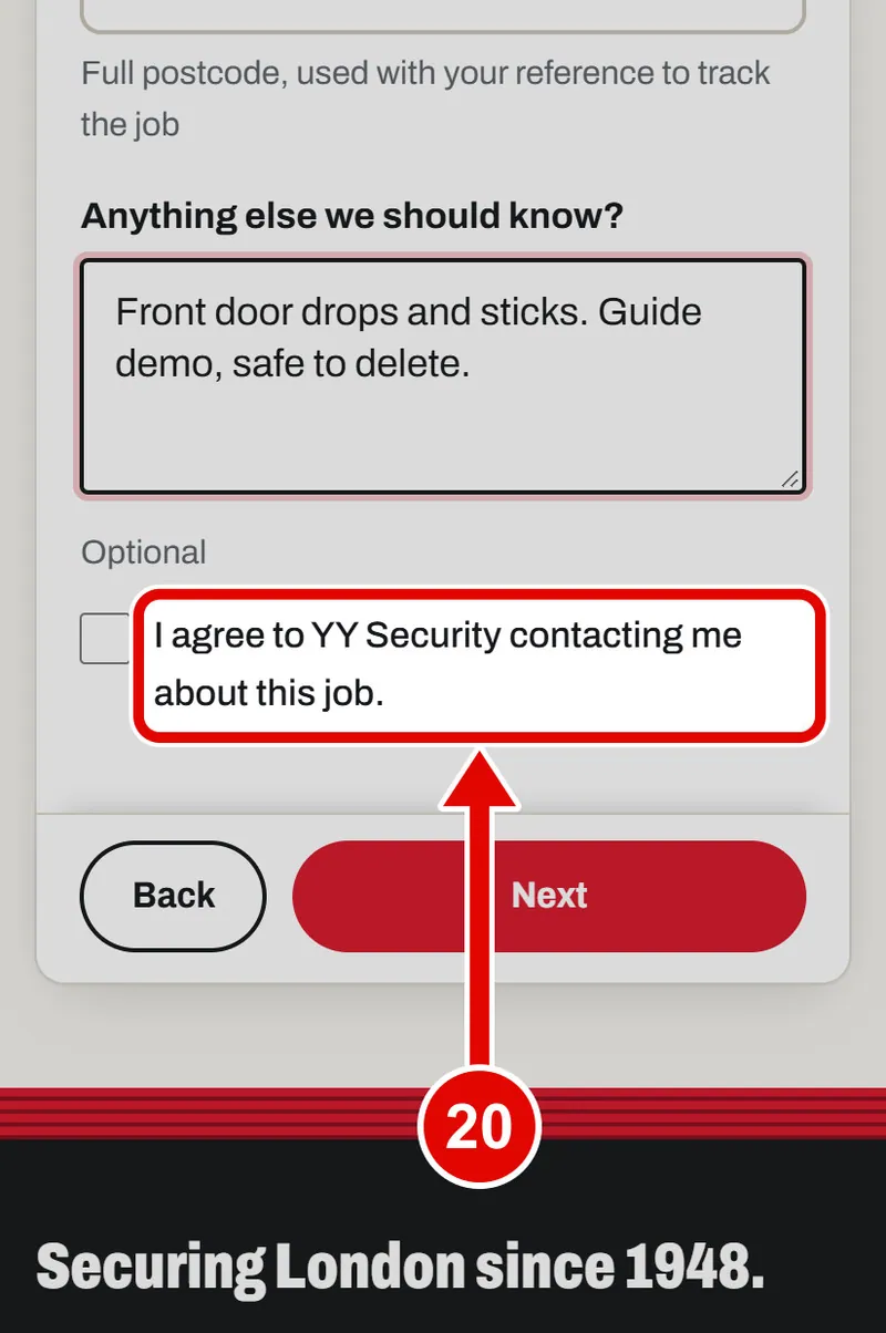 Screen grab from Book a survey, on a phone. A red box marks the part to use.