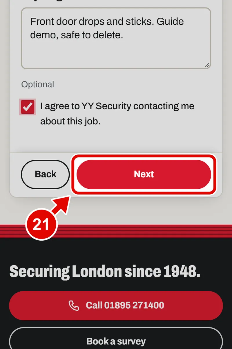 Screen grab from Book a survey, on a phone. A red box marks the part to use.