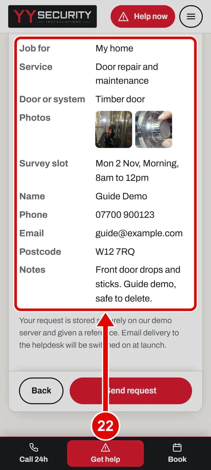 Screen grab from Book a survey, on a phone. A red box marks the part to use.