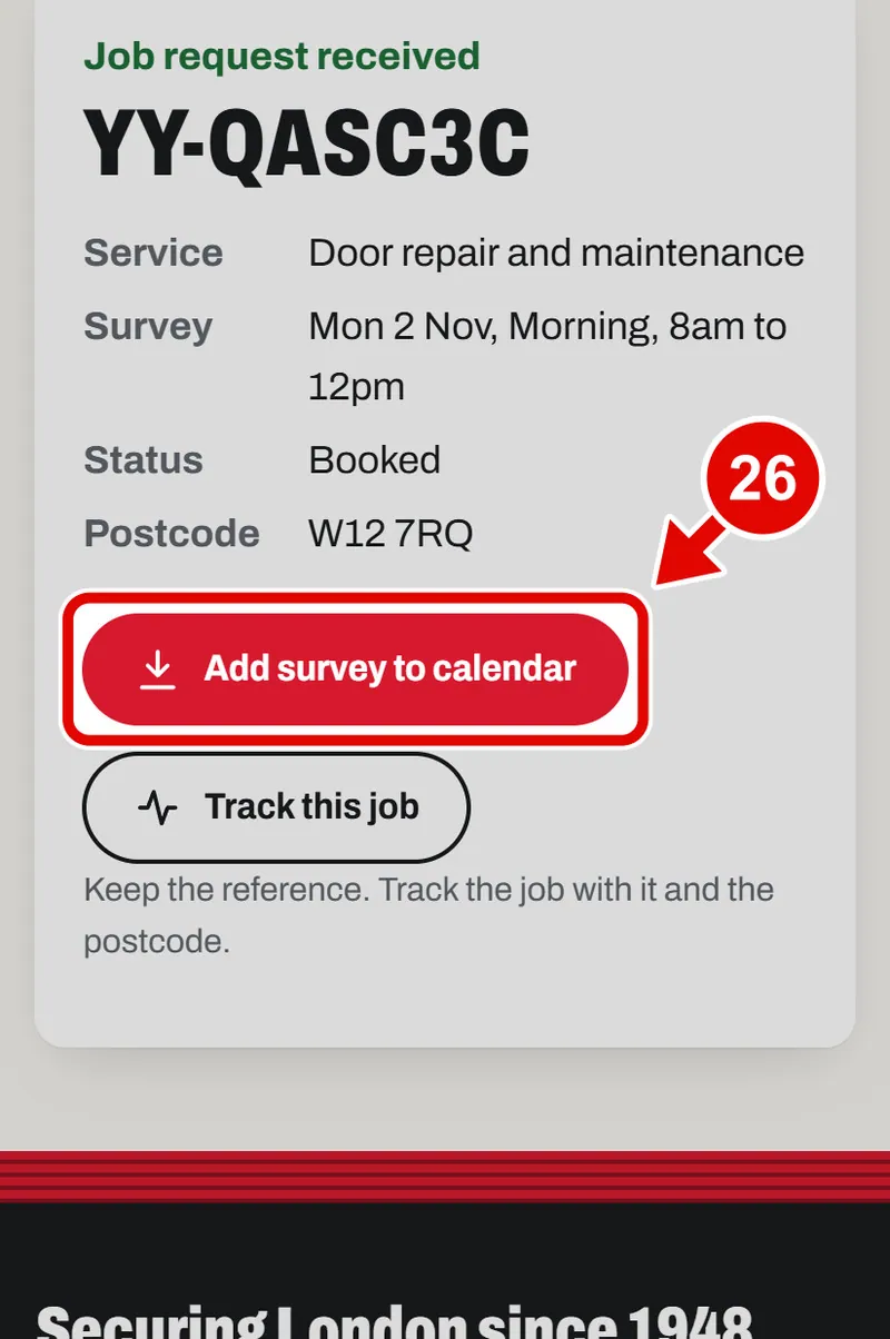 Screen grab from Book a survey, on a phone. A red box marks the part to use.