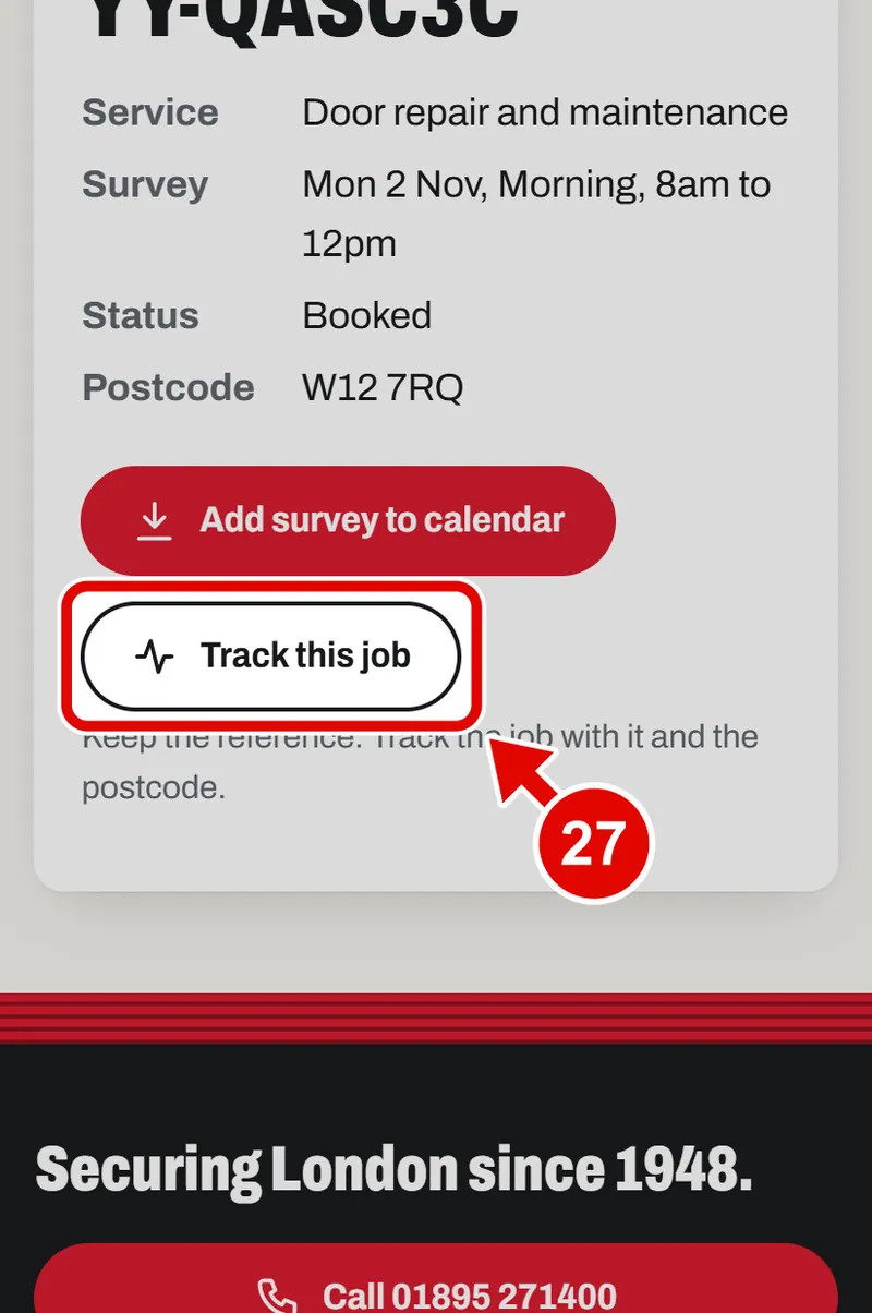 Screen grab from Book a survey, on a phone. A red box marks the part to use.