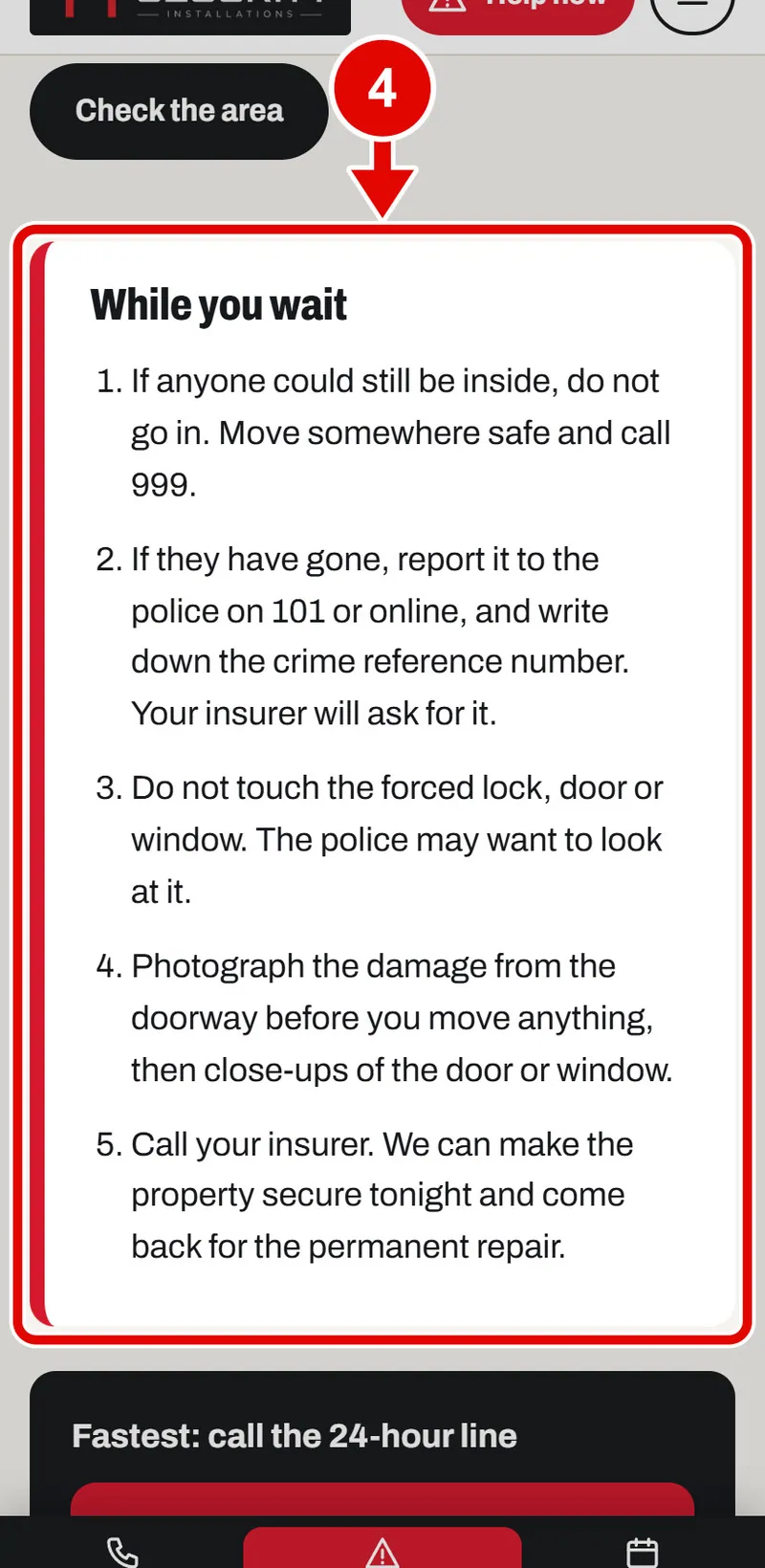 Screen grab from Help now: when something goes wrong, on a phone. A red box marks the part to use.