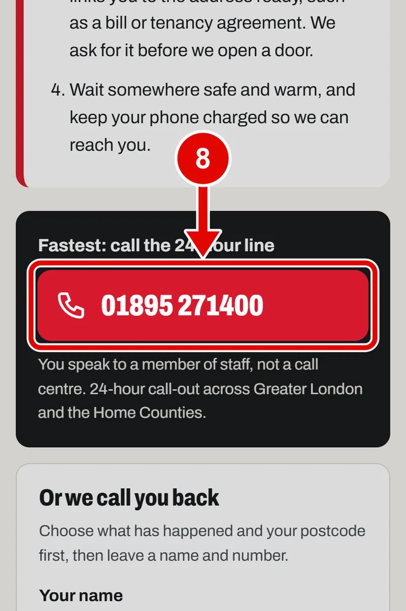 Screen grab from Help now: when something goes wrong, on a phone. A red box marks the part to use.